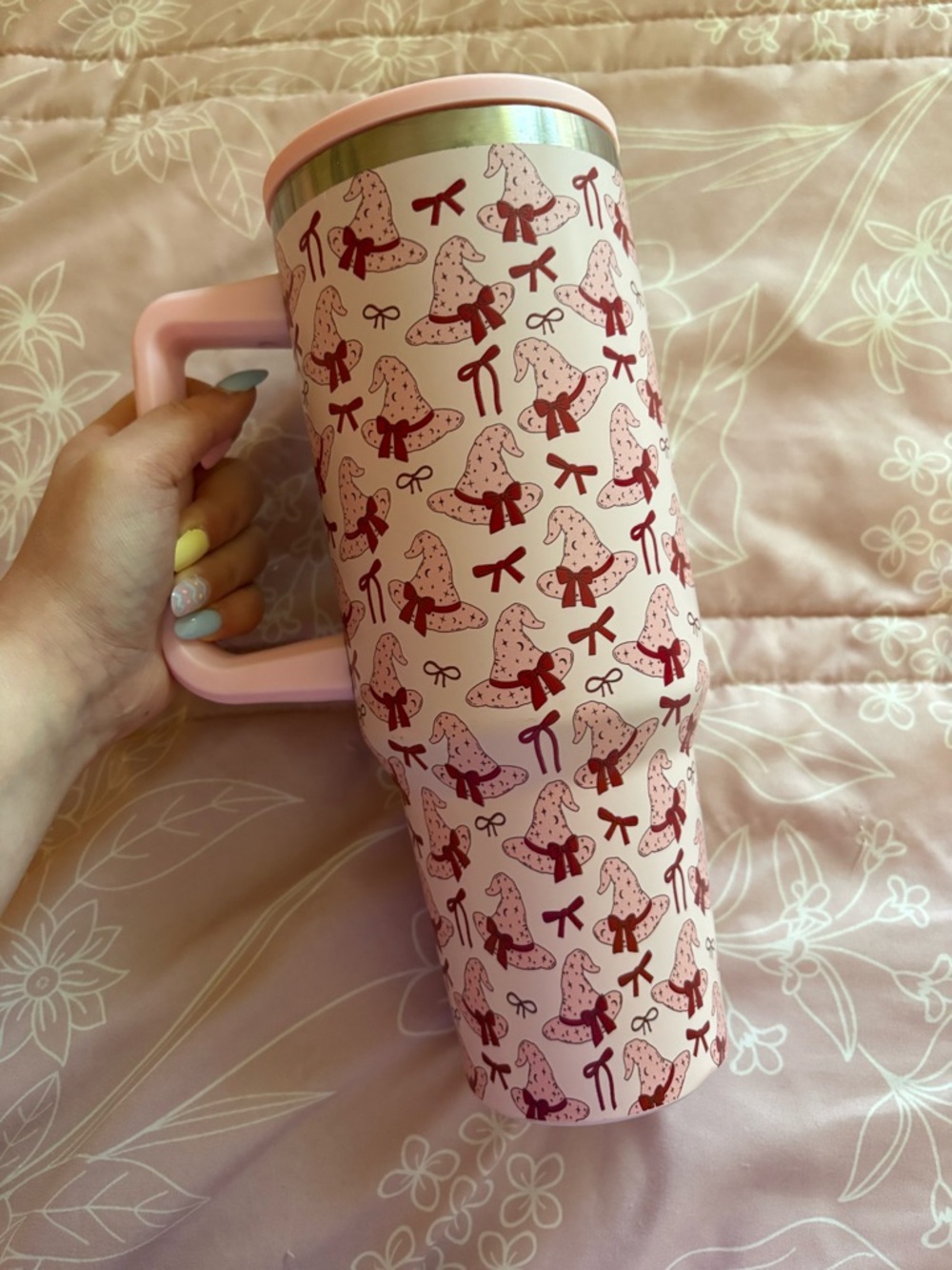 Pink Halloween themed Travel Tumbler with Handle